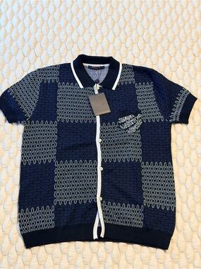 Louis Vuitton Navy and Cream Knit Polo Cardigan with Geometric Pattern